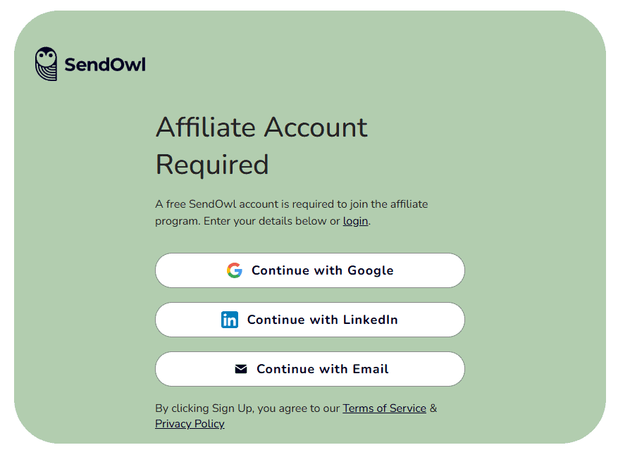 SendOwl affiliate registration screen